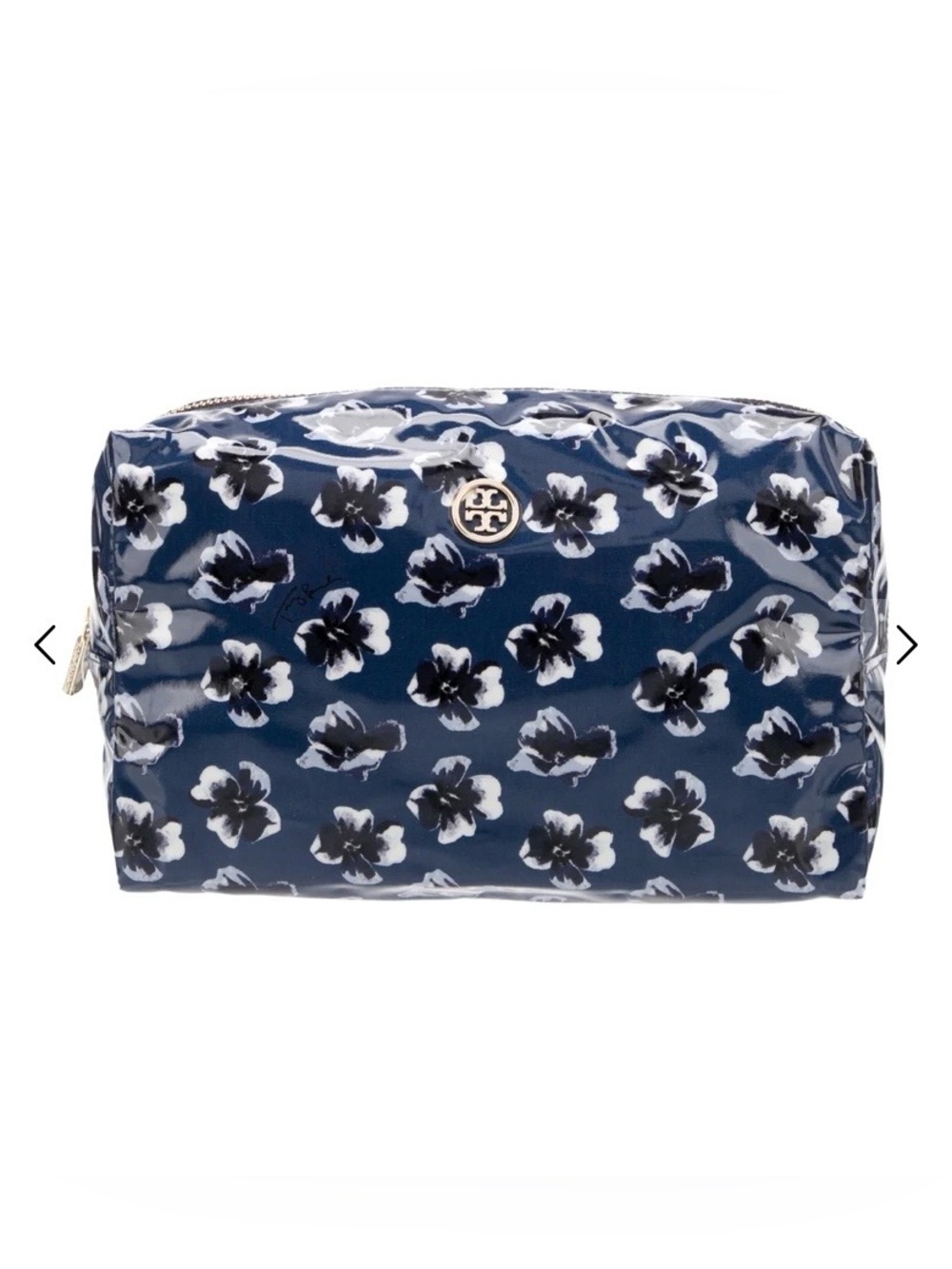 Tory Burch Navy Floral Cosmetic Case with Gold Logo